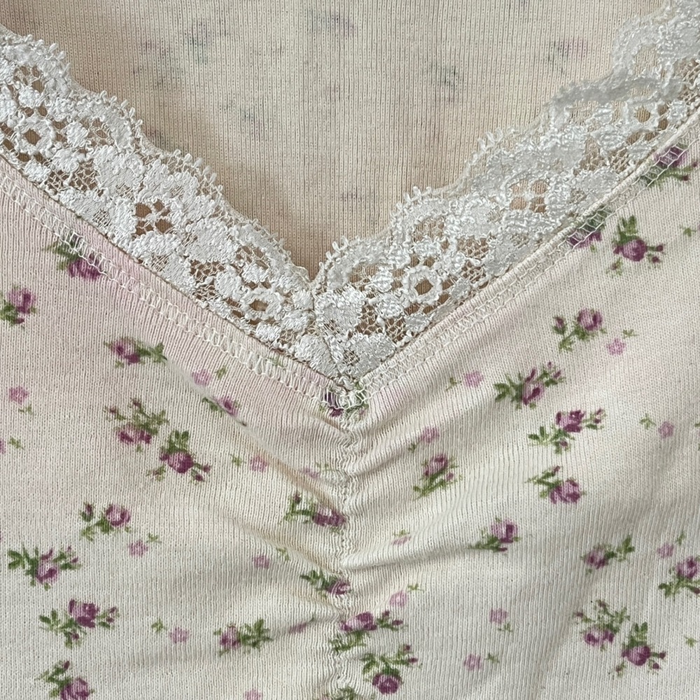 Ralph Lauren Floral Lace Trim Nightgown Cream Pink Floral Medium 3/4 Sleeve - Picture 5 of 7